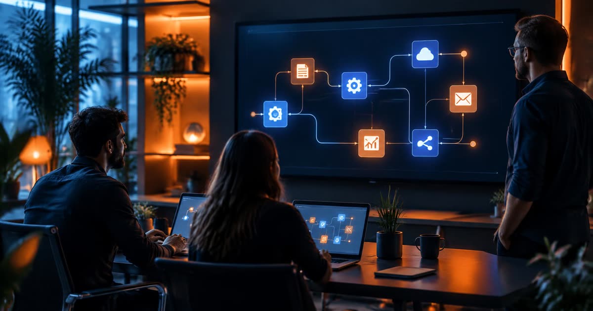 Small team in a studio with an automated workflow on a large screen